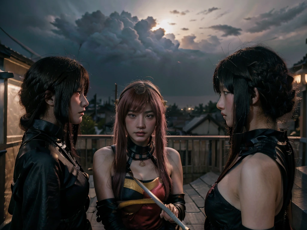 (((Three girls duel))) A blonde hair female samurai, fighting with her sword against a short black hair female Ninja, and a pink hair Chinese girl is fighting with both girls too, they are all fighting against each other on the roof of an old train, dark clouds, a heavy rain falling during the duel, late afternoon. 4k, unreal engine, cinematic, high quality image