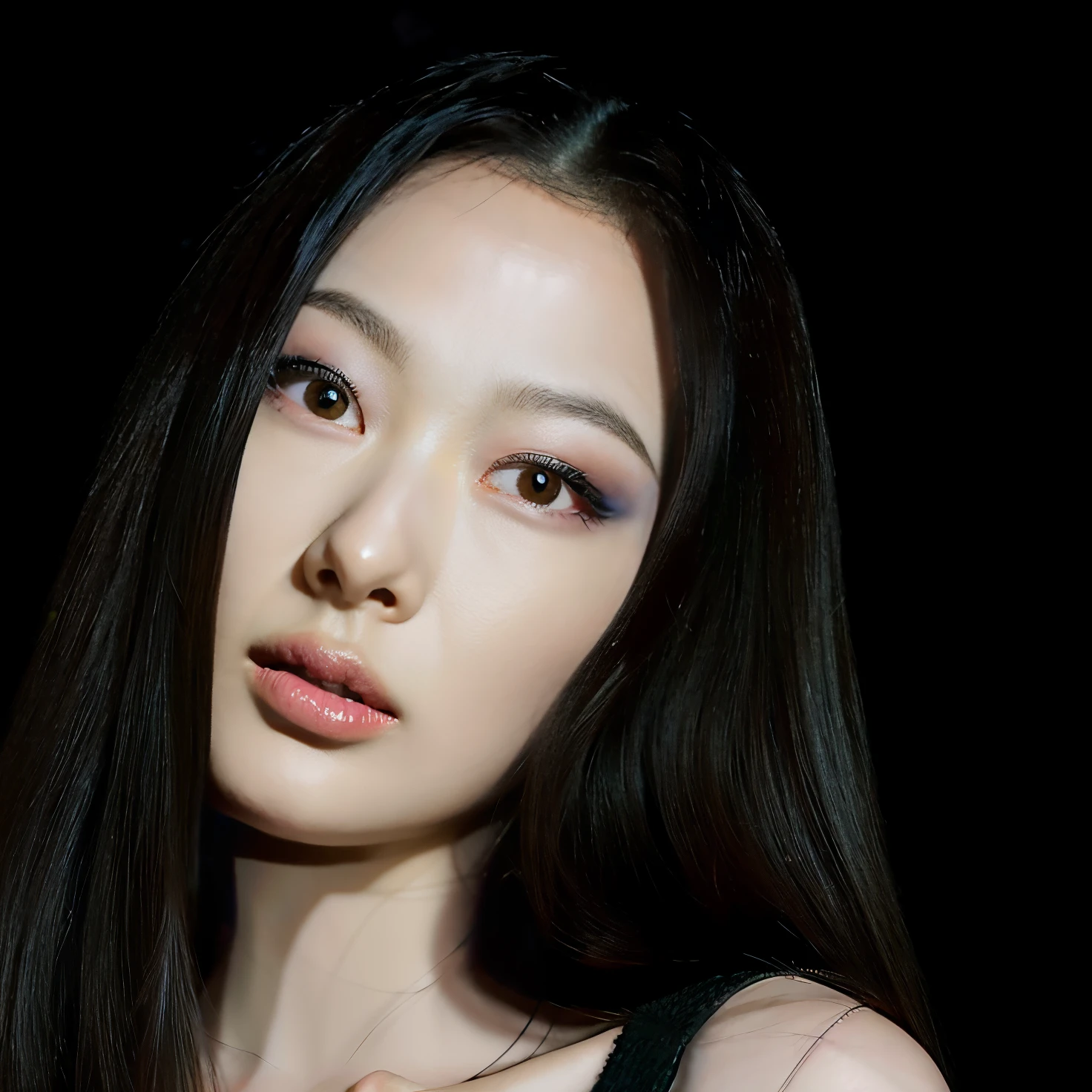 Un primer plano de una mujer con cabello largo y negro y una blusa negra, maquillaje popular de Corea del Sur, maquillaje coreano popular, Parque Ji-min, Seseon Yoon, Heonhwa Choe, Jiyun Chae, Kwak Ji Joven, Lee Ji - Eun, Lee Ji-eun, Jaeyeon Nam, Hermosa mujer surcoreana, Taejune Kim es Giselle de Aespa