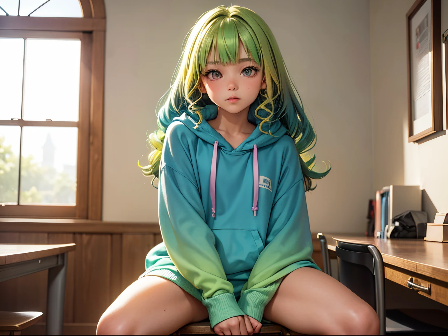 1girl in, Solo, Solo Focus, Cowboy Shot, Portrait, oversized hoodie, Aqua green and white hoodie, Half Aqua, Half Green, ((Brown hair)), (Yellow hair), (Gradient Hair :1.5), Curly hair, ((Pink eyes)), ultradetailed eyes, asa, (Caramel Black Skin:1.1), Best Quality, Ultra-detailed, university campus,crass room,dictionary on the desk,sit a chair、open one's legs,White panty,Flip up your skirt