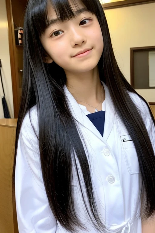 Beautiful black-haired girl with brown eyes and long hair in nurse's clothes in a clinic at night photo shoot