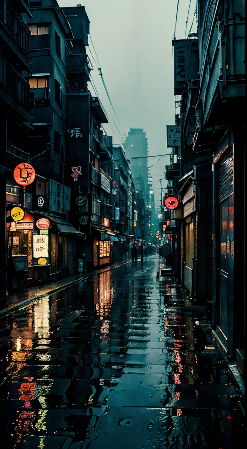 Neon old Tokyo dark rainy atmospheric street with water color style retro in moonlight tall