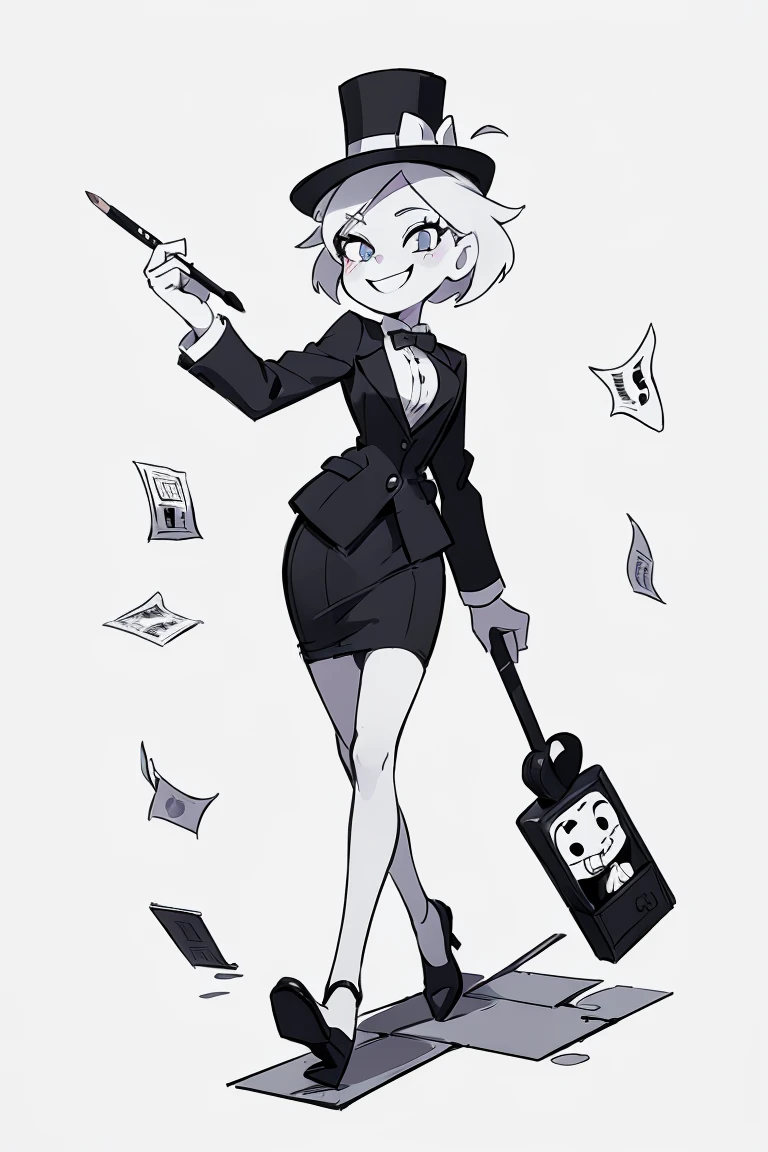 (female monopoly mascot) beauty, white hair, smiling, tiny cartoon of a business woman (mature, adult) in a top hat and suit, tight skirt, walking_stick, monopoly, capitalist, rich, full body, (pencil_sketch) (black and white palette) monochrome, solo