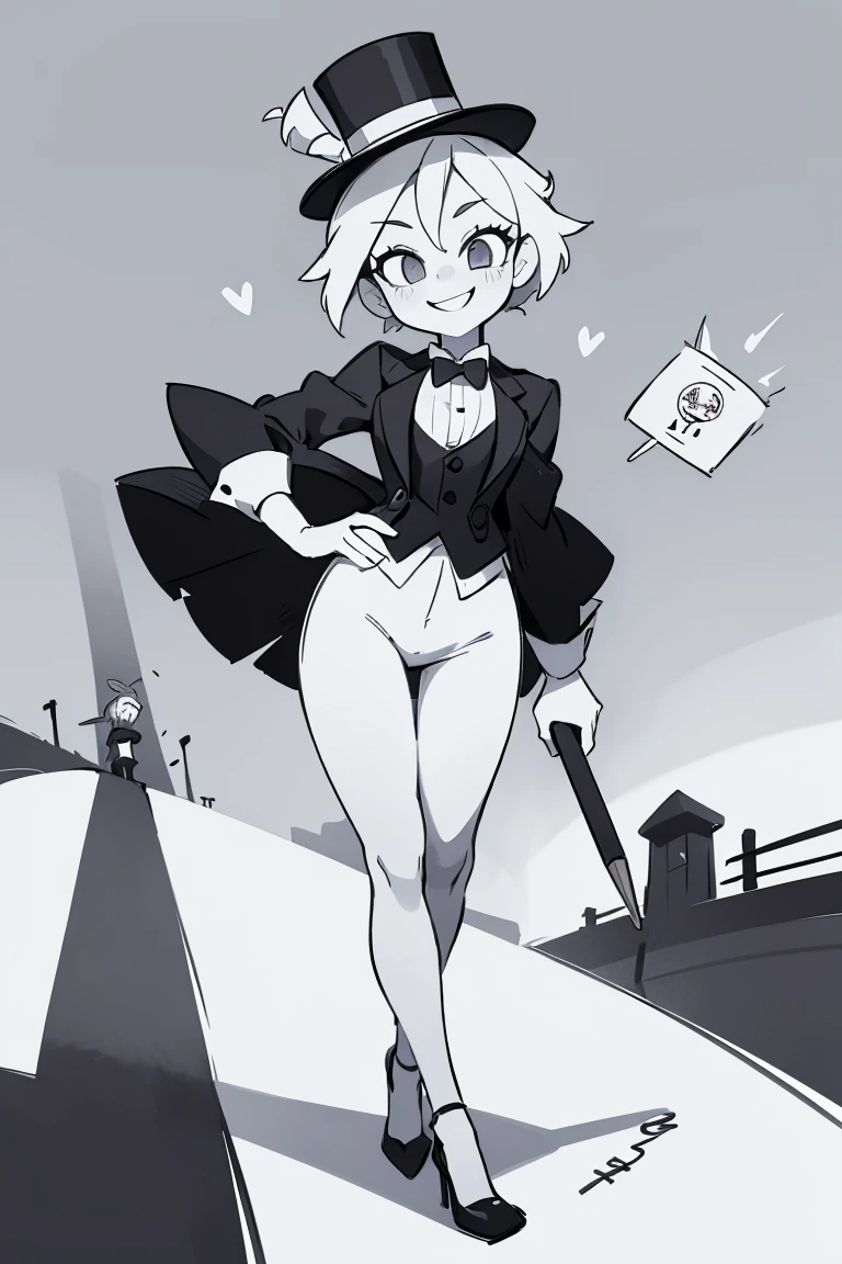 (female monopoly mascot) beauty, white hair, smiling, tiny cartoon of a business woman (mature, adult) in a top hat and suit, tight skirt, walking_stick, monopoly, capitalist, rich, full body, (pencil_sketch) (black and white palette) monochrome, solo
