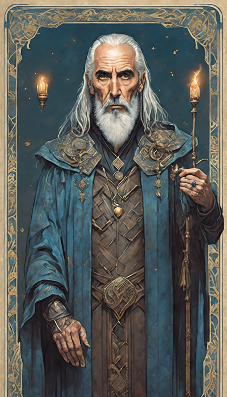 Christopher Lee as the magus, wearing blue gothic style, raven, snake , winecup metal, tarot style (canvas watercolor illustration of a tarot style:1.1) card deck, nuanced colors, pearlescent glow, very little contrast, vintage muted colors, center image, dynamic, highly detailed, perfect composition golden ratio, best quality, sharp focus, by With Design In Mind, (write words "magus":1.2) (raven, snake ,metal winecup:1.1)