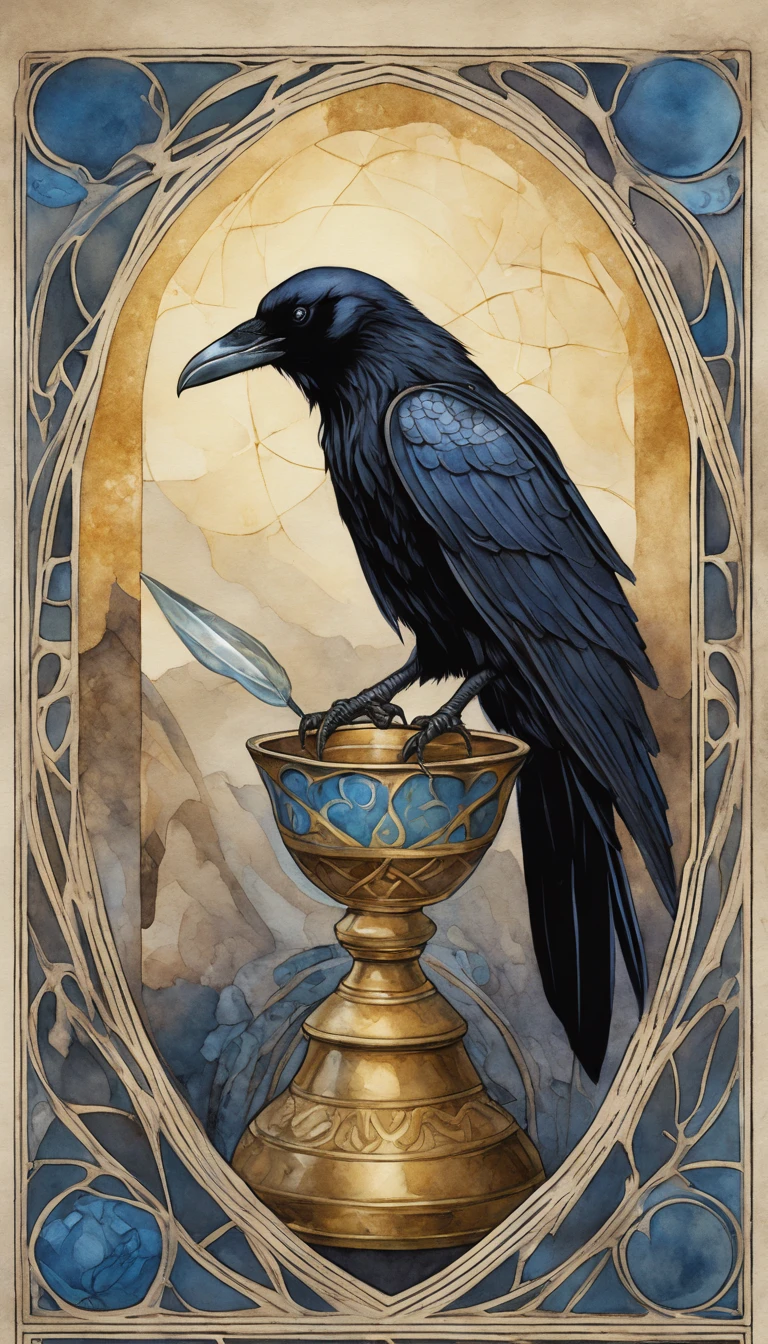 Christopher Lee as the magus, wearing blue gothic style, raven, snake , winecup metal, tarot style (canvas watercolor illustration of a tarot style:1.1) card deck, nuanced colors, pearlescent glow, very little contrast, vintage muted colors, center image, dynamic, highly detailed, perfect composition golden ratio, best quality, sharp focus, by With Design In Mind, (write words "magus":1.2) (raven, snake ,metal winecup:1.1)