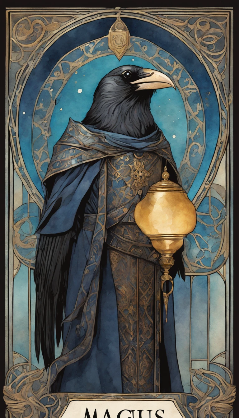 Christopher Lee as the magus, wearing blue gothic style, raven, snake , winecup metal, tarot style (canvas watercolor illustration of a tarot style:1.1) card deck, nuanced colors, pearlescent glow, very little contrast, vintage muted colors, center image, dynamic, highly detailed, perfect composition golden ratio, best quality, sharp focus, by With Design In Mind, (write words "magus":1.2) (raven, snake ,metal winecup:1.1)