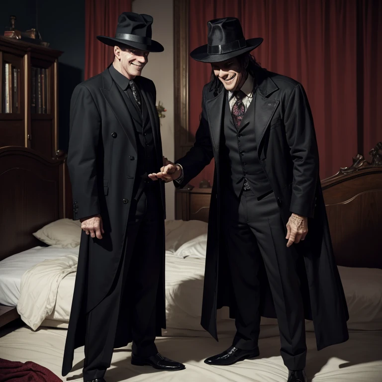 Hatman, sleep demon, tall, grinning, standing over man sleeping in bed, masterpiece, best quality, amazing dark shadows, detailed background,
