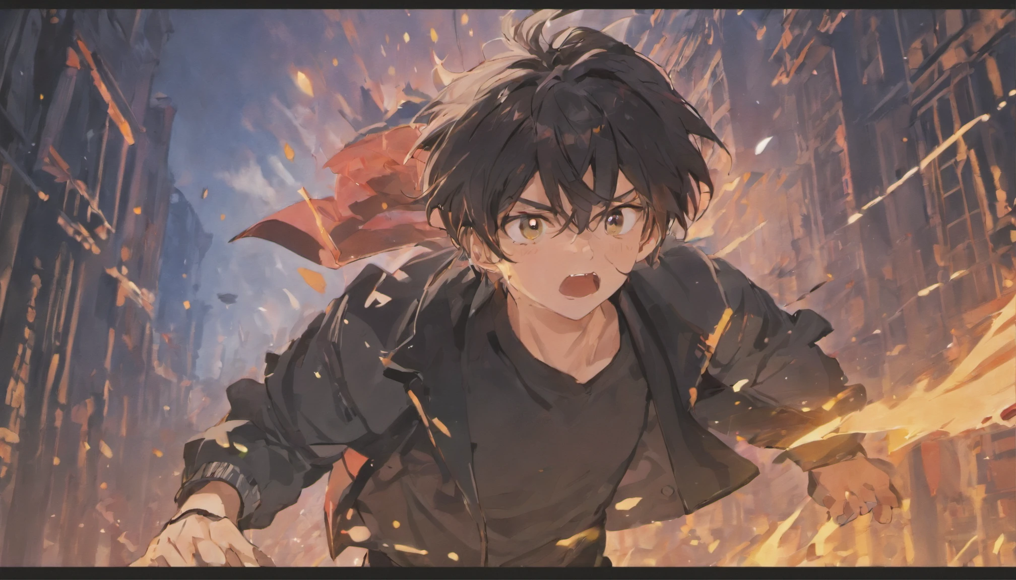 (Dark-haired young man, in a hopeless state, Full of dynamism, Best Quality), Vivid colors, high contrast lighting, Black jacket,intense action, nightcity,Magical atmosphere, Glowing eyes, Ruins, billowing smoke, powerful stance, Stand up even if you fall, detailed facial expression, hopeless look,dynamic compositions, Dramatic shadows, .cosmic sky,run,Clenching teeth,Running