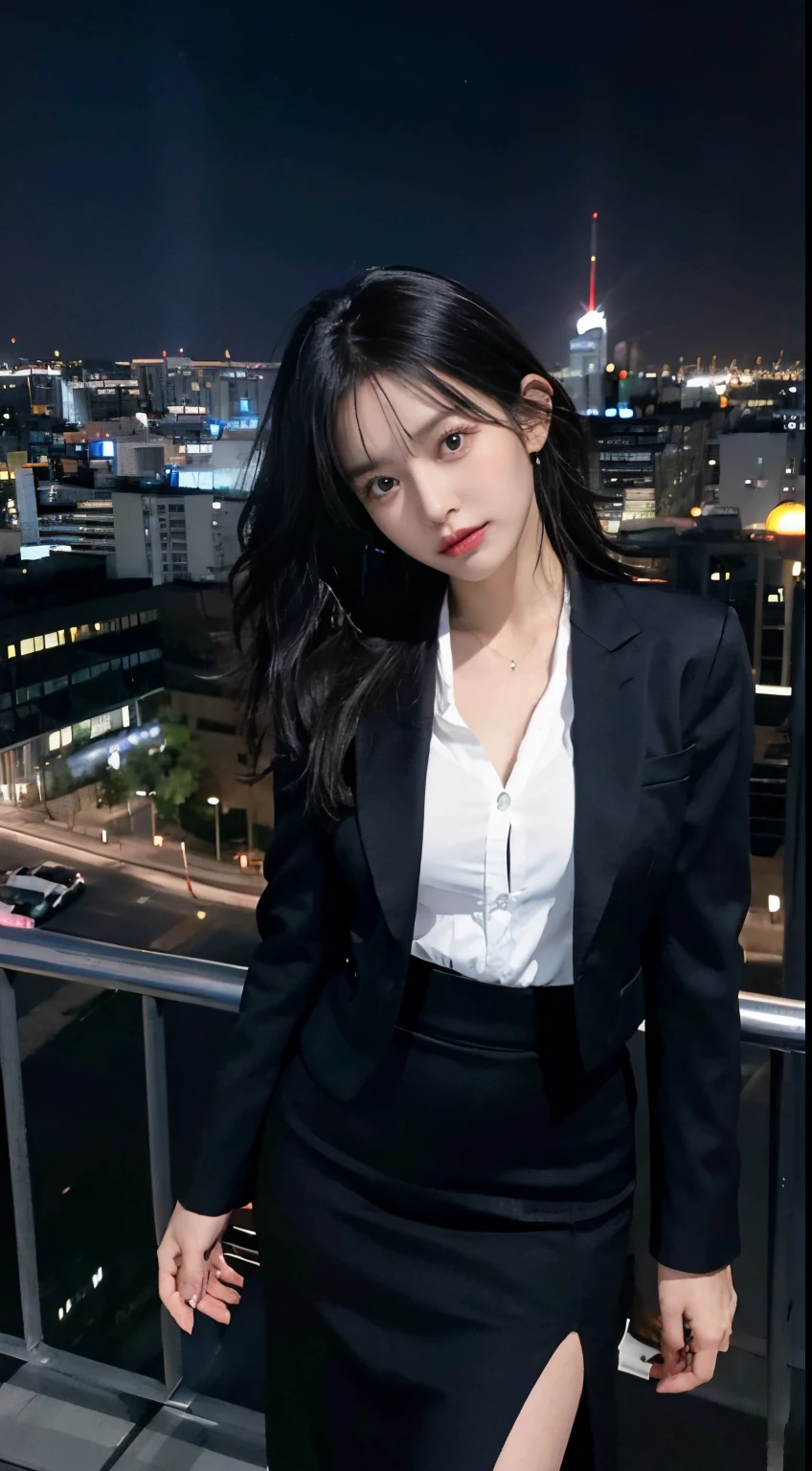 contemporary (cityscape city lights:1.2), night sky, dutch angle,
(1girl solo:1.2), cowboy shot (from above:1.2), looking at viewer, (confused:1.2),
walking on (magic circle:1.2) rooftop, face overlooking, skinny,
(black:1.1) medium hair, black (glowing eyes:1.1), head tilt, large breasts,
business suit, black open jacket pencil (skirt:1.1), black necktie on white shirt, thighs,