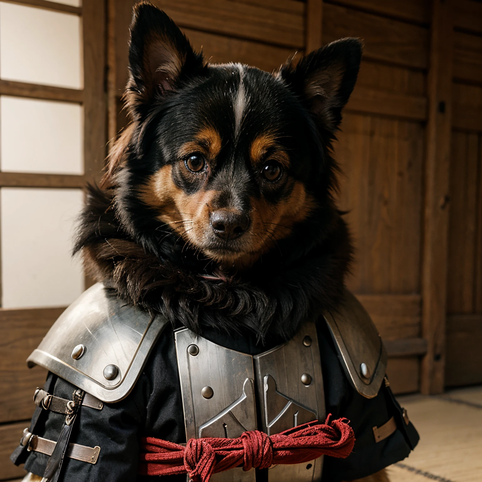 Papillon dog in samurai armor