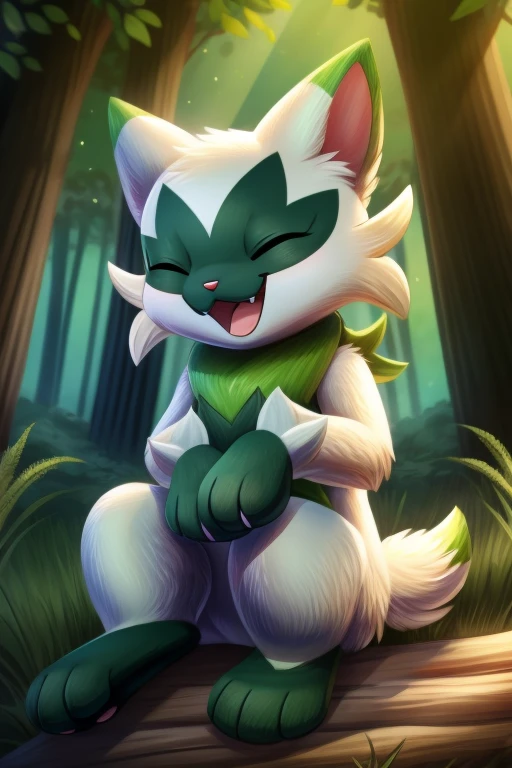 Floragato, furry pokemon, cat, feet, only, (Body fur:1.2), (Best quality), (Detailed fluffy fur:1.1), closed eyes, Animal hands, tail, eyes closed, smiling, background of forests, shiny, laughing, female, solo