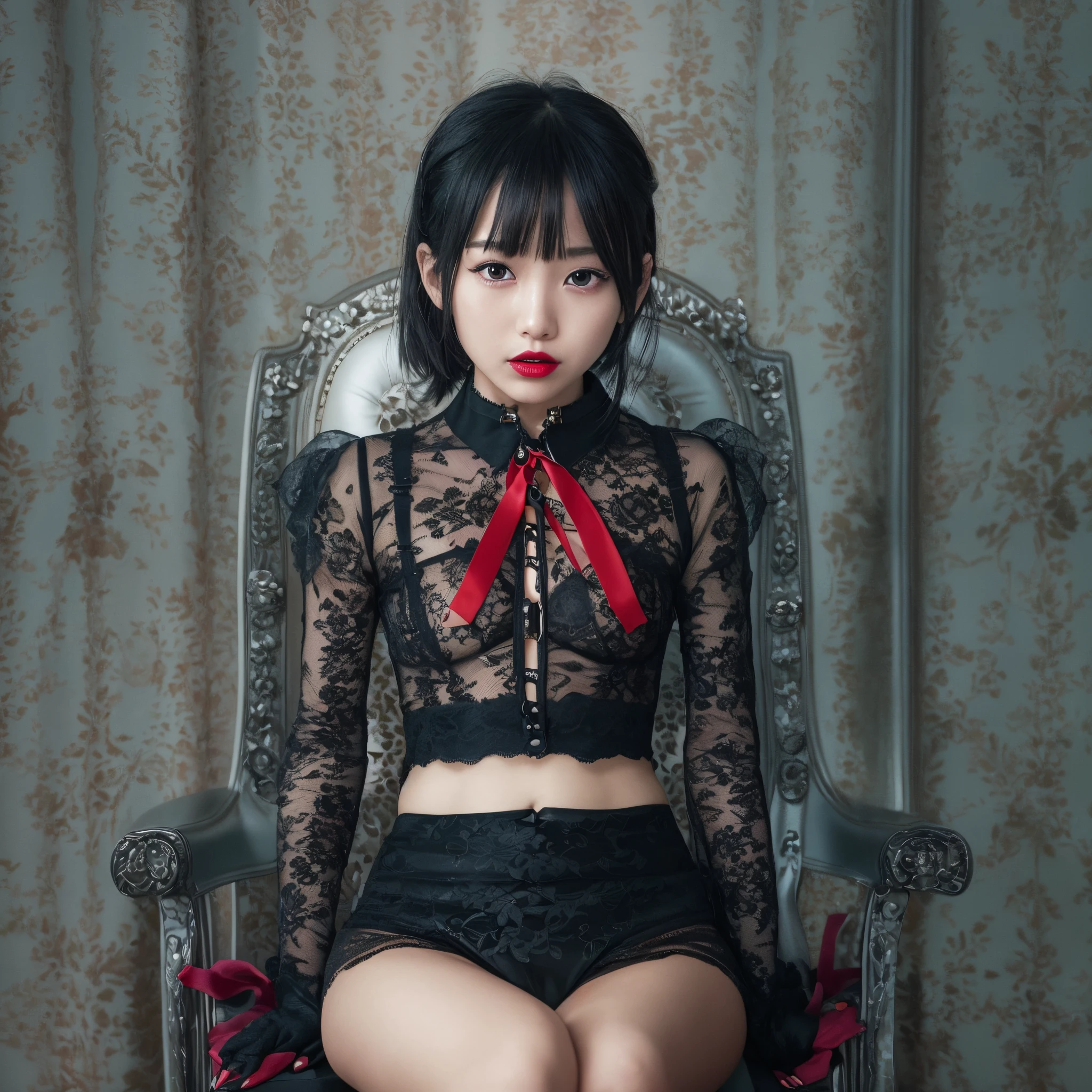 A slender -yeld Jaese girl with bright red lips is sitting, Seduce you with an enamel bondage suit, Condescending from above, 独奏, 11 years taken by a professional photographer, There are no adults in this room., Bewitching makeup, vampire makeup, (Baby face:1.2), Young children, skinny  bod Asians, dominatrix, pin heels, garterbelts, Sexy gloves, Bondage Fashion, Small choker, Black lace, extra detailed face, very nice teeth, very detailed lips, highly detailed intraoral, Shiny hair, Shiny skin, Fair skin, 4K, photos realistic, Extremely realistic, ​masterpiece