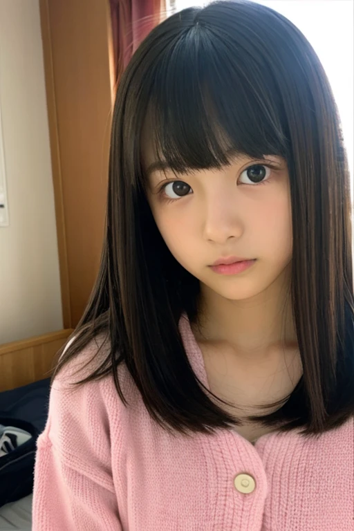 An ultra-high picture quality、Perfect Photo、Beautiful girl、Beautiful japanese girl、middle schoned、slender、Black Haired Beautiful Girl、cute little、Beautuful Women、(tiny chest)、((Nokezoru))、With bangs、sports hair、Straight hair、(Teary-eyed)、((half-opened mouth))、inside in room、Serious、