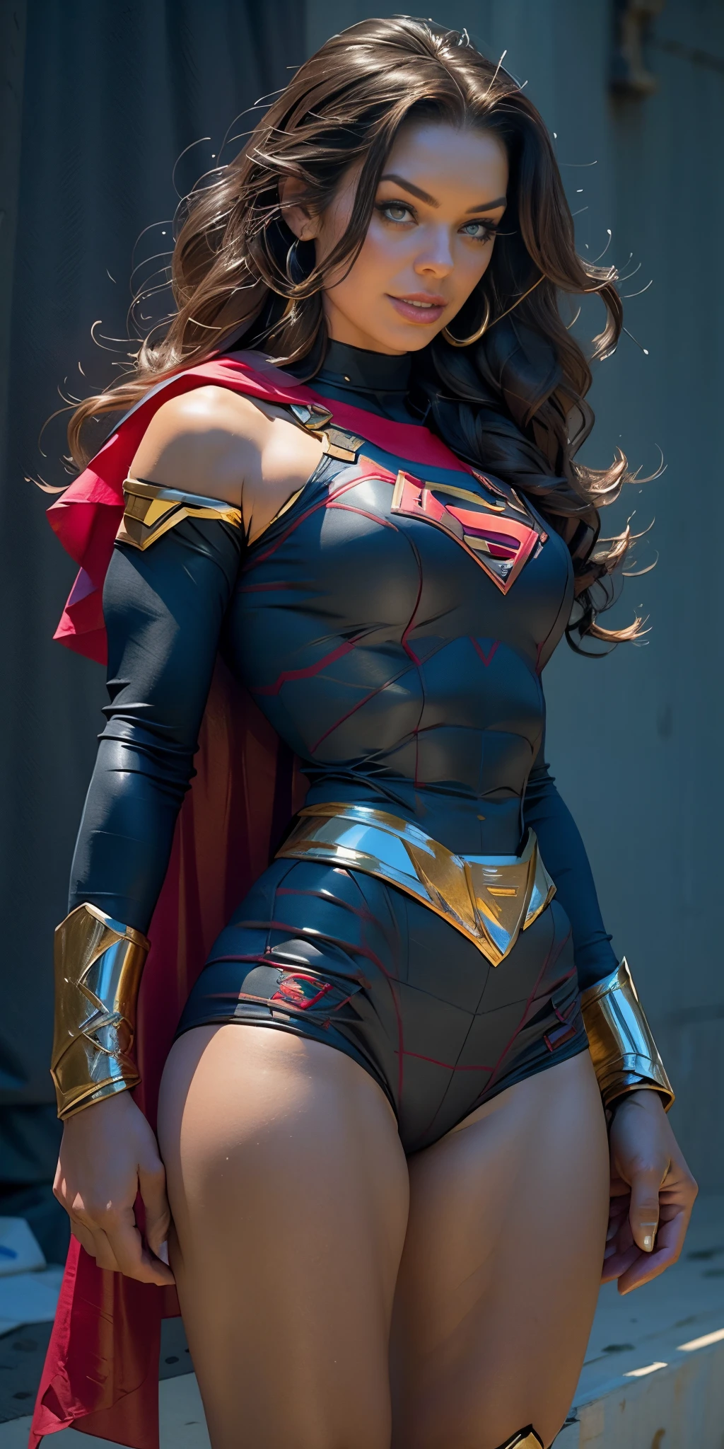 Alison Tyler Mulher bonita cabelo preto curto corpo definido seios grandes, vestindo cosplay de Supergirl