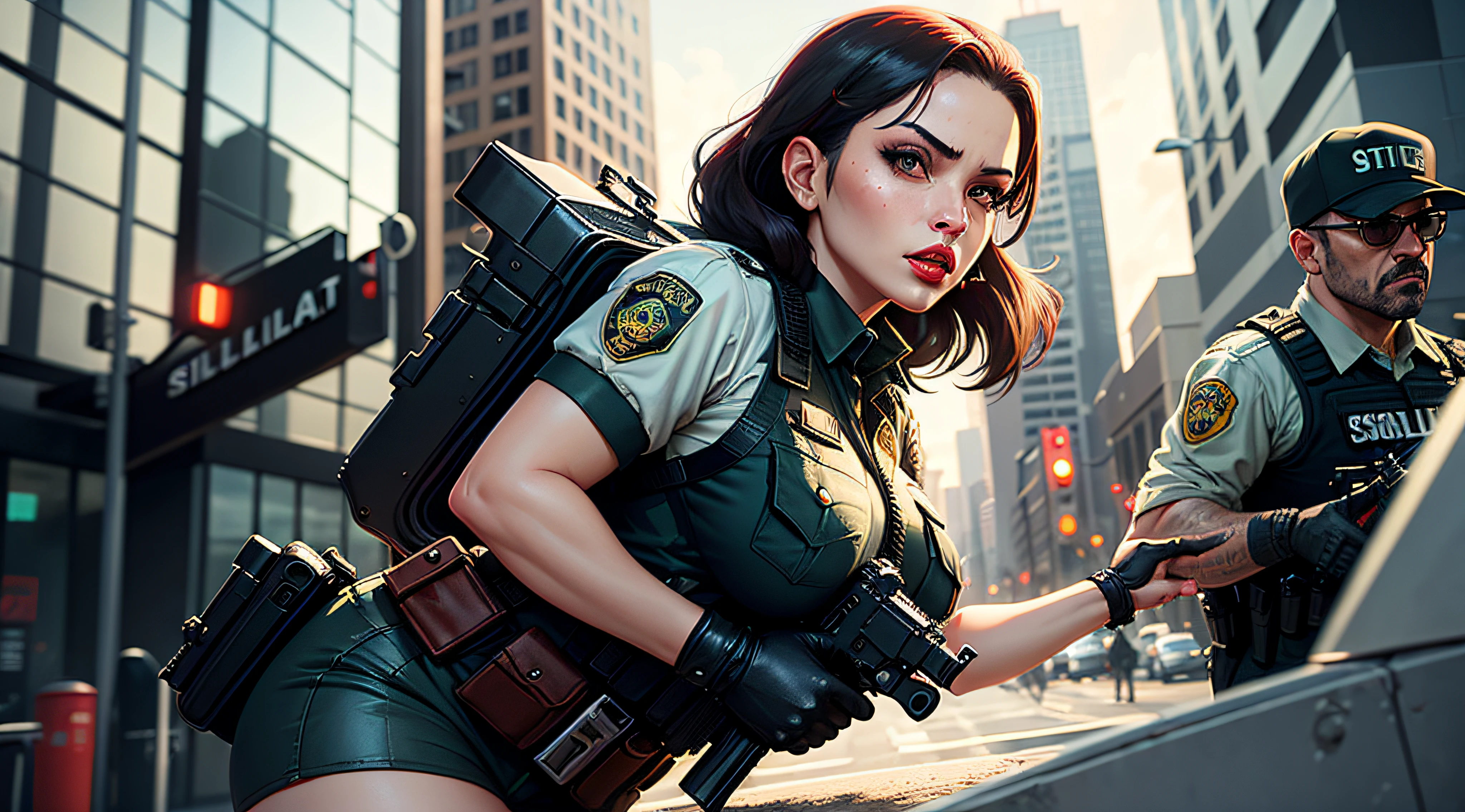 ILLUSTRATION of a female (Jesica Alba :1.1) red lips, green eyes, swat cops GTA character nest to a bank that is getting robbed , By Ray Shark