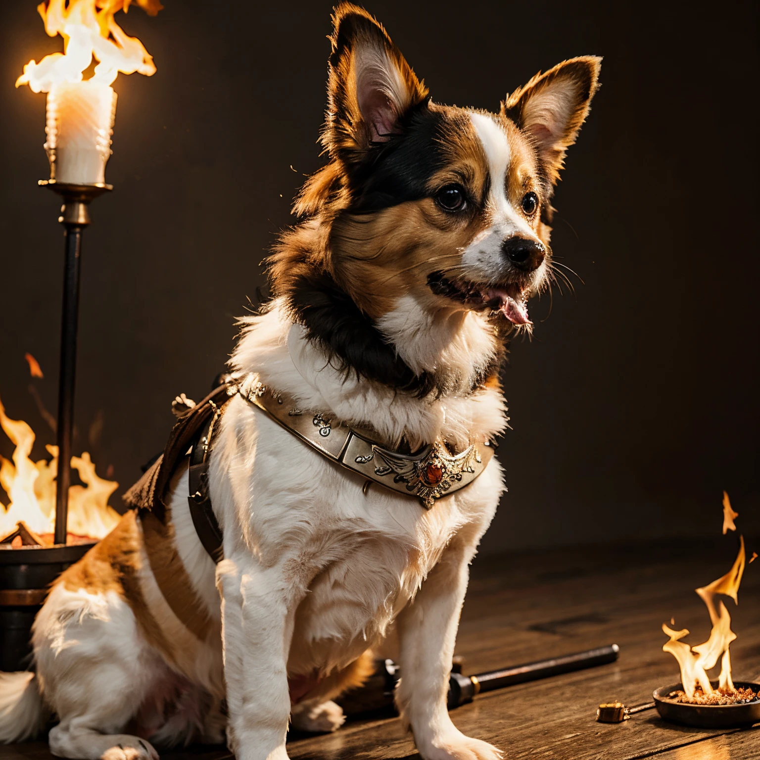 Tan and white papillon dog with samurai armor and a flame background