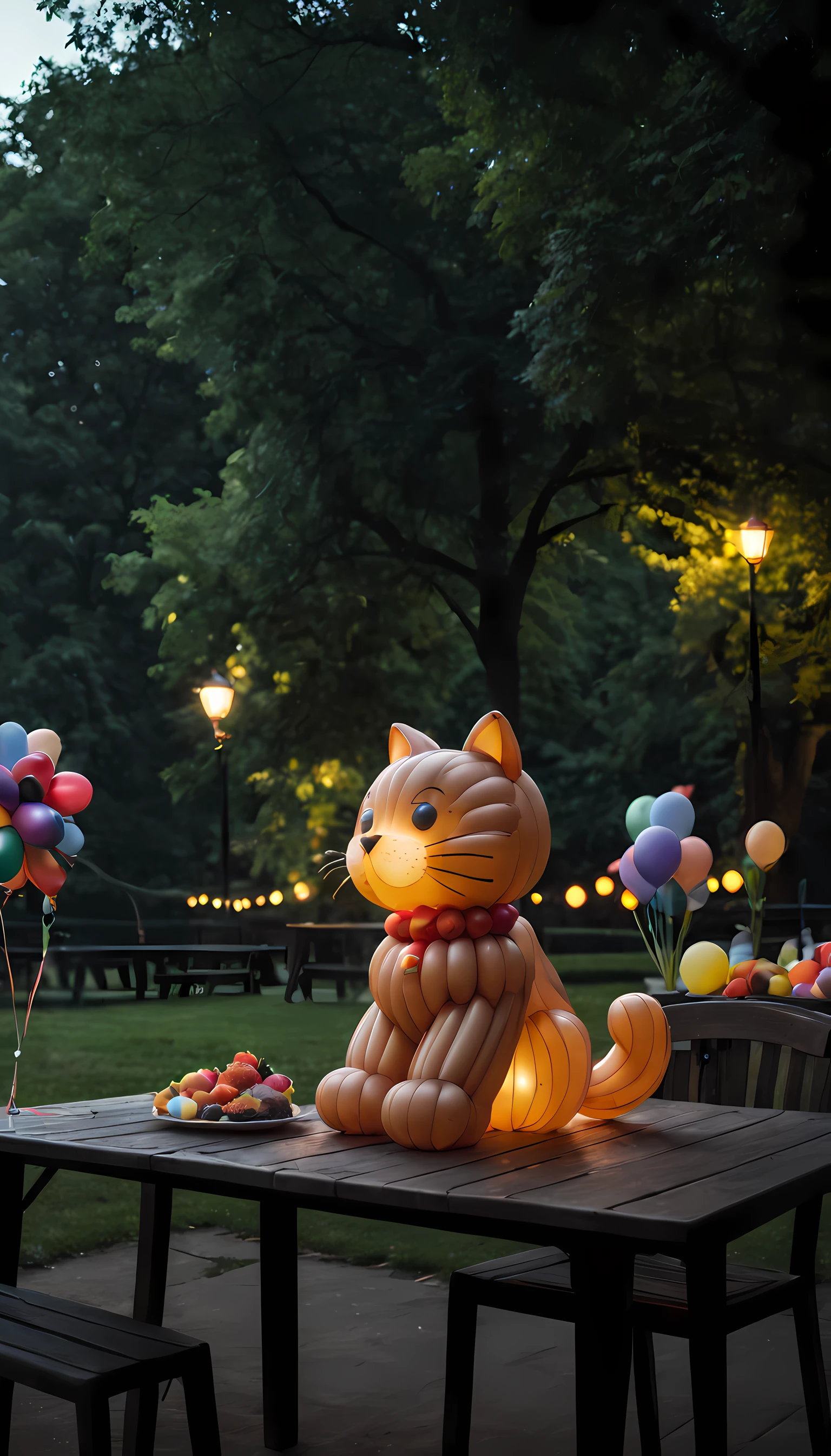 balloon animal, cat, balloons, made out of balloons, table, outdoor, park, dark night, diffuse light, depth of field, cinematic lighting, god rays, bloom, Realism, overexposure, UHD, high details, super detail, high quality, best quality, highres
