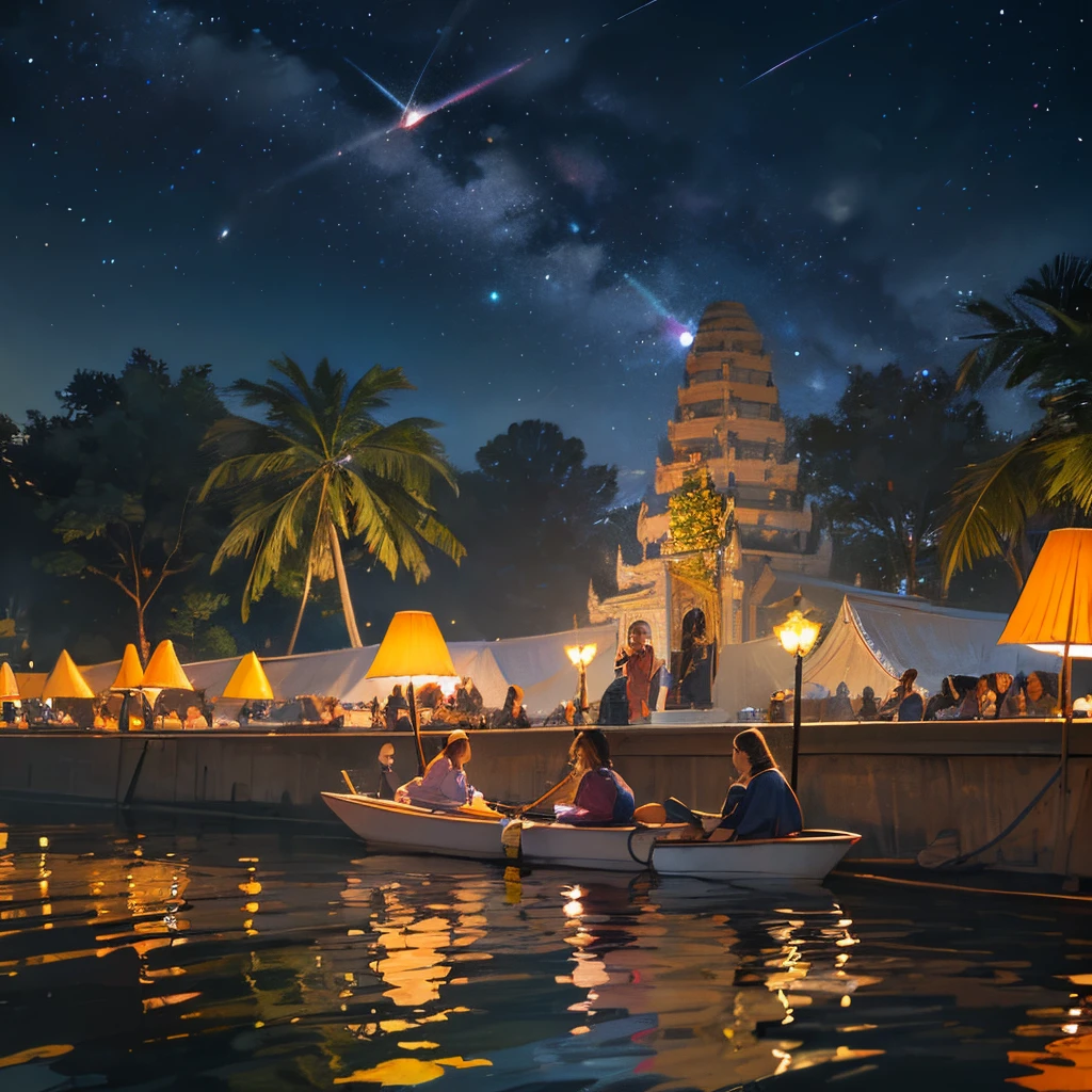Picture the rhythmic beats of traditional music resonating through the air as locals gather at the water's edge for Cambodia's Water Festival. The river becomes a canvas of glittering lights, reflecting the rich tapestry of this captivating celebration. --auto --s2