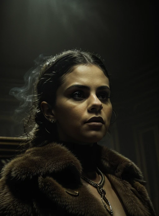 SelenaGom3z(looking at viewer) (close up)
Woman In this striking close-up shot, we are introduced to a figure of undeniable power and menace, a drug lord exuding an aura of sophistication and danger. (Best quality: 1.3) Seated on a majestic throne, her commanding presence dominates the frame, leaving no doubt about her authority. (Masterpiece: 1.3)
Clad in a lavish fur coat, he emanates an air of opulence and extravagance, a symbol of her wealth and influence. The fur's texture and rich color amplify her imposing presence, creating a visual contrast against the darkness that envelops him. (Detailed fur coat: 1.2)
Moody and dramatic lighting casts eerie shadows across her face, adding an air of mystery and intrigue to her countenance. A single light source illuminates her features, emphasizing her sharp, piercing eyes that seem to hold the weight of untold secrets and ruthlessness. (Moody dramatic lighting: 1.4)
The room is filled with swirling smoke, creating an atmosphere of haze and concealment, hinting at the illicit activities that transpire within its walls. The smoke intertwines with the darkness, heightening the sense of danger and unpredictability that surrounds this enigmatic figure. (Smoke-filled room: 1.3)
In this close-up portrayal, we catch a glimpse of the drug lord's calculated charisma and sinister charm. The intricate play of light and shadow accentuates the duality of her character, reminding us of the inherent darkness that lurks beneath her sophisticated facade. (Close-up expression: 1.3)
