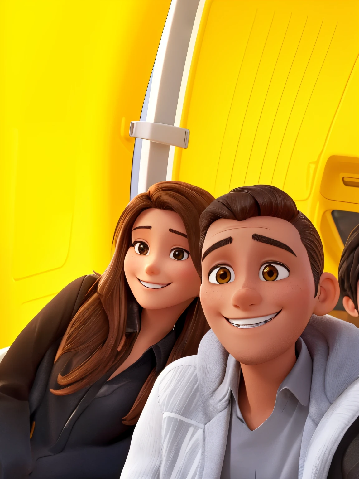 Close-up of a woman with brown hair and wearing black jacket, the woman is smiling with teeth. Close-up of a man with black hair, smiling the teeth has brace. The man is wearing a gray shirt and a white jacket. The background is inside the bus with color yellow.