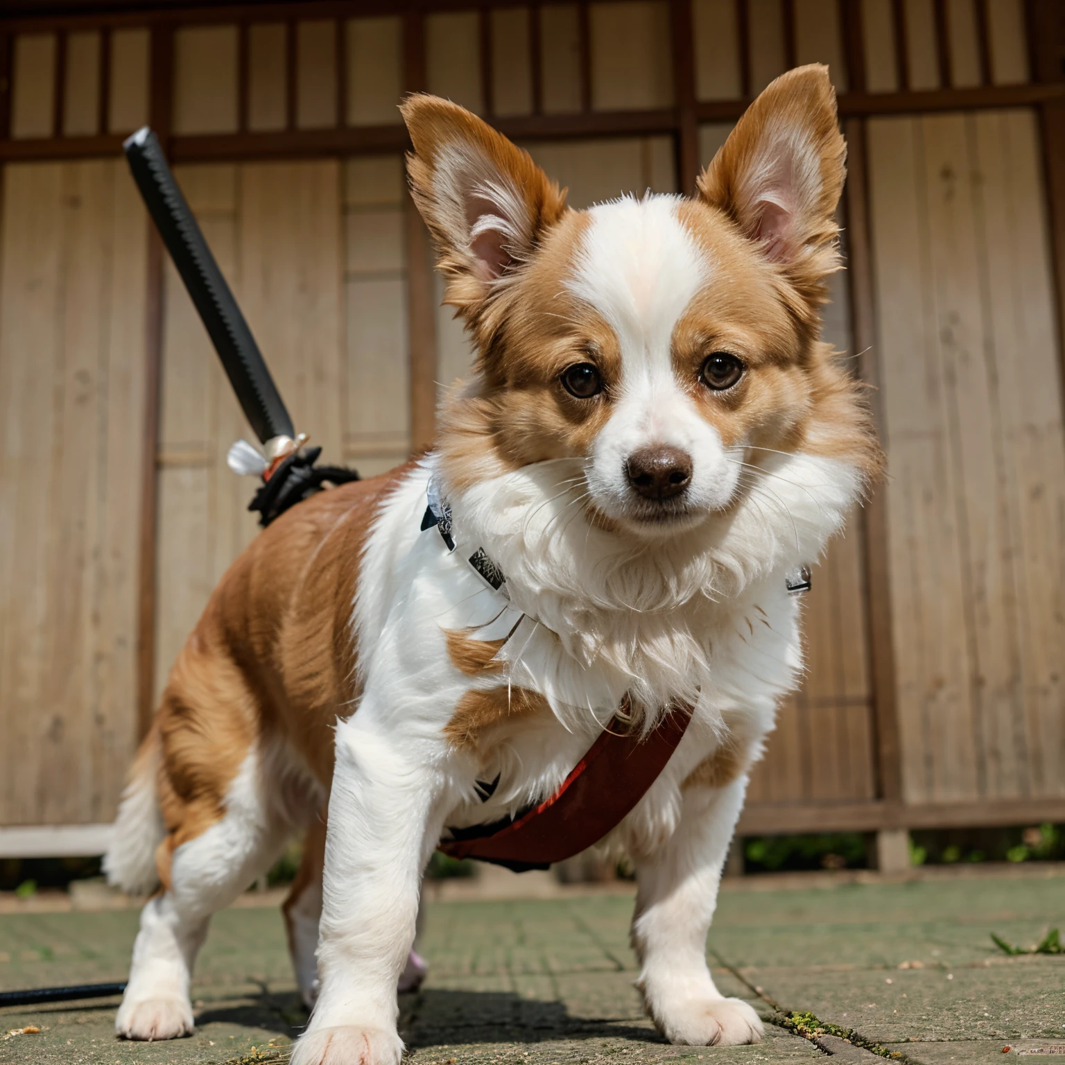 Tan and white papillon dog as a samurai with a katana