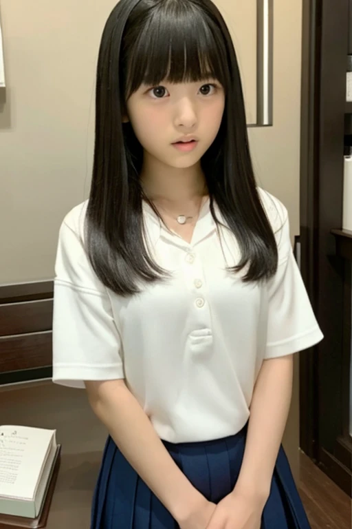An ultra-high picture quality、Perfect Photo、Beautiful  girl、Beautiful japanese girl、middle schoned、slender、Black Haired Beautiful Girl、cute little、Beautuful Women、（tiny chest）、((Nokezoru))、With bangs、sports hair、Straight hair、(Teary-eyed)、((half-opened mouth))、inside in room、Serious、kne、ankle、
