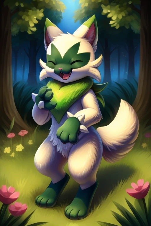 Floragato, furry pokemon, cat, feet, only, (Body fur:1.2), (Best quality), (Detailed fluffy fur:1.1), closed eyes, Animal hands, tail, eyes closed, smiling, background of forests, shiny, laughing, female, solo