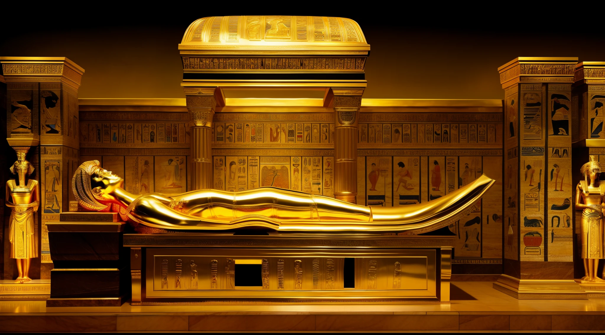 masterpiece, Best Quality, 8K, 18 yo, (Large breasts:1.2), An artistic depiction of Alexander the Great's body being treated with care after his death, set in ancient Memphis, Egypt. The scene shows the body being placed in a golden sarcophagus, surrounded by mourners and elaborate Ancient Greek , hyper-realistic, cinematic.