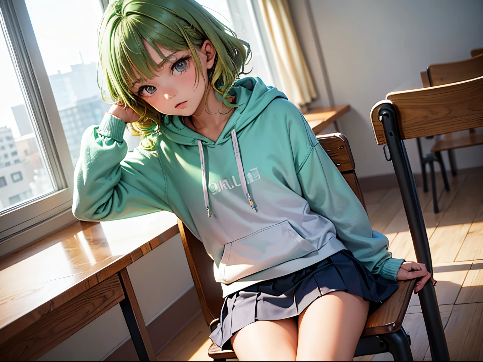 1girl in, Solo, Solo Focus, Cowboy Shot, Portrait, oversized hoodie, Aqua green and white hoodie, Half Aqua, Half Green, ((Brown hair)), (Yellow hair), (Gradient Hair :1.5), Curly hair, ((Pink eyes)), ultradetailed eyes, asa, (Caramel Black Skin:1.1), Best Quality, Ultra-detailed, university campus,crass room,dictionary on the desk,sit a chair、open one's legs,White panty,Flip up your skirt