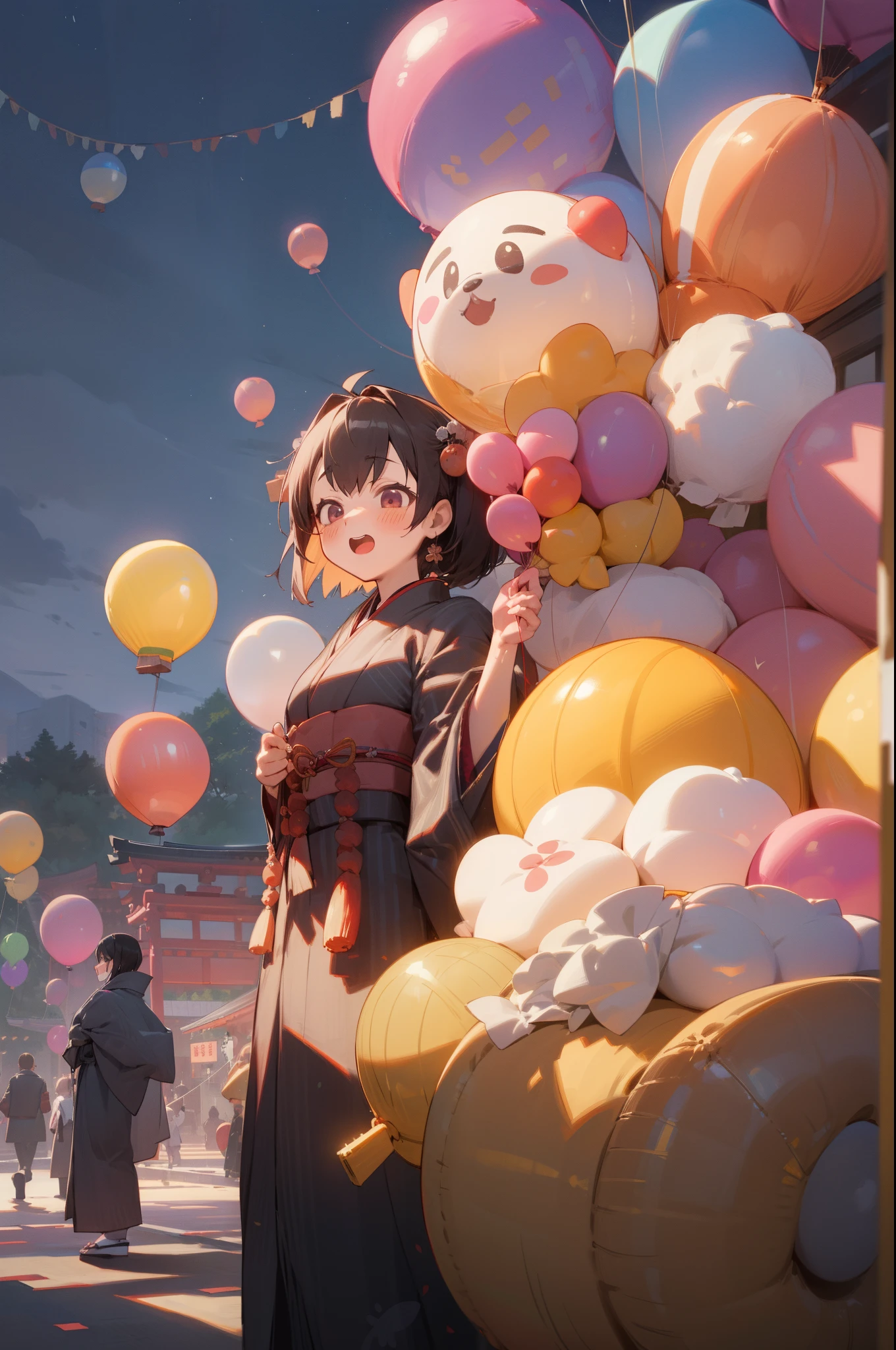 (outdoor, Night, Japanese festival, stall, balloon animals:1.3), 1girl, yukata, Japanese clothes, (blush, surprised, laugh), masterpiece, best quality, 8k, perfect anatomy