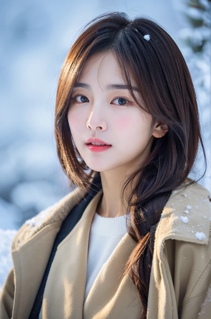 realistic photos of (1 cute Korean star) Shoulder-length hair, thin makeup, medium breasts size, wearing coat, in the snow, clear facial features, 8K high resolution, sharp and realistic details.from outside, Eye-Level Shot, f/4.0, 135mm, Fujifilm, jpeg artifacts, dithering, UHD, masterpiece