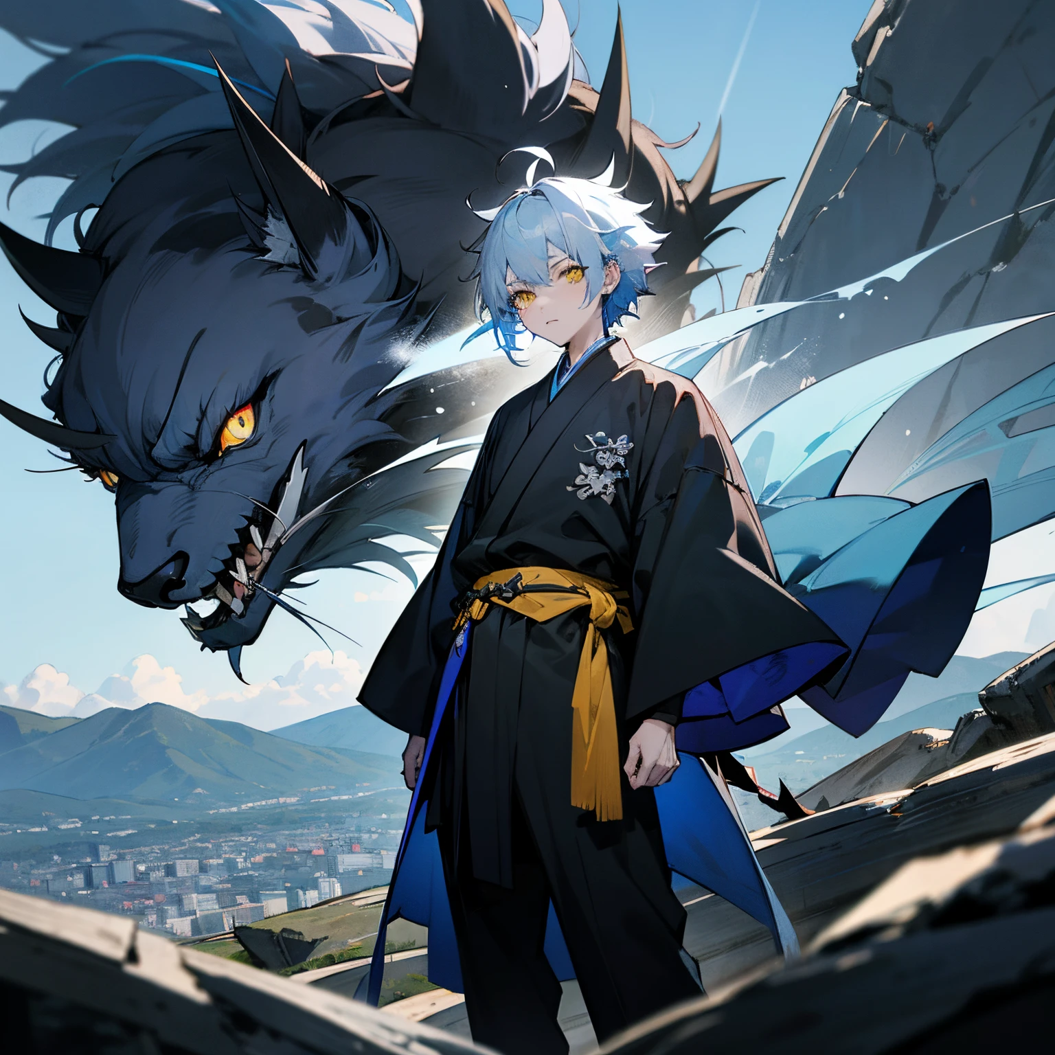Combat Haori , Pale Blue Hair , Messy Spiky Hair , Black and Blue Haori , Heterochomia , Two eye colors , Yellow eye , blue eye , Standing on mountain , Wrapped Wrists , 1male