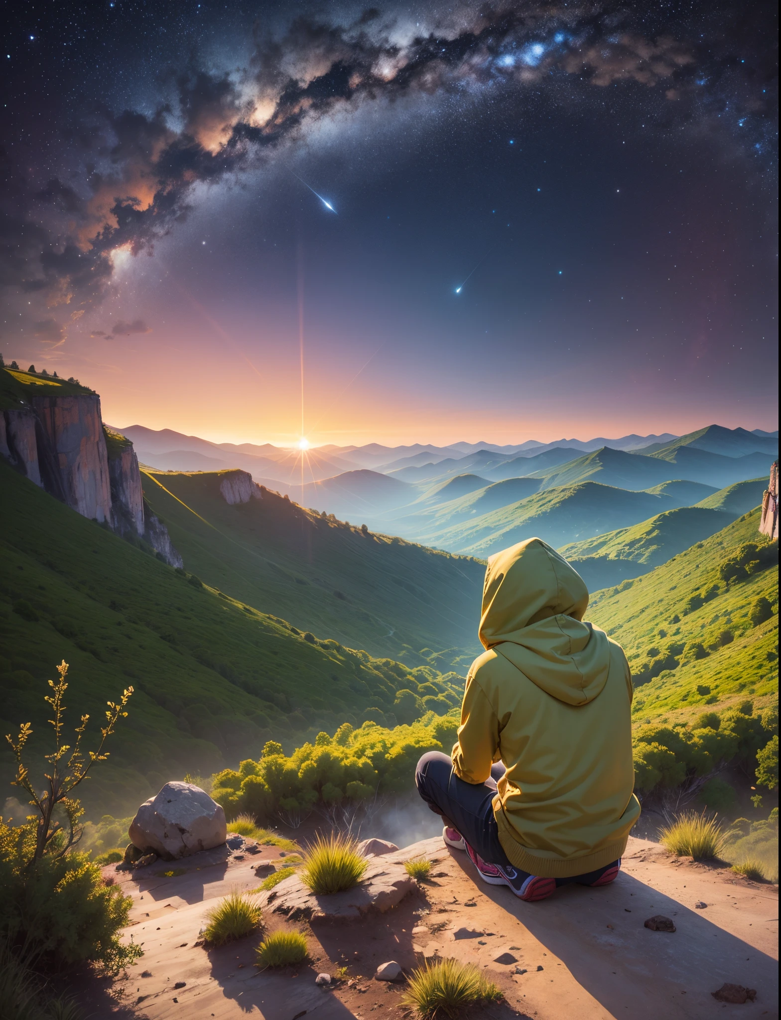 a man in stlylish hoodie attire watching the sunrise among stars from the green mountain, ultra reaistic, 4k, epic realism --auto --s2