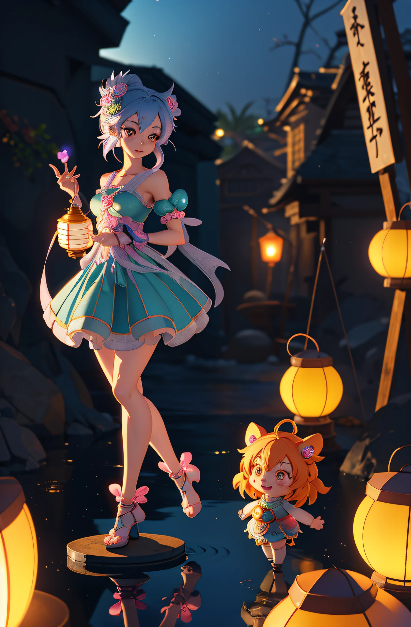 anime girl holding lantern, Cute 3d rendering, Cute and detailed digital art, cute character, Rendering of a cute 3D anime girl, Anime style 3D,  stylized 3d render,  3d rendered figure art 8k，jubilant