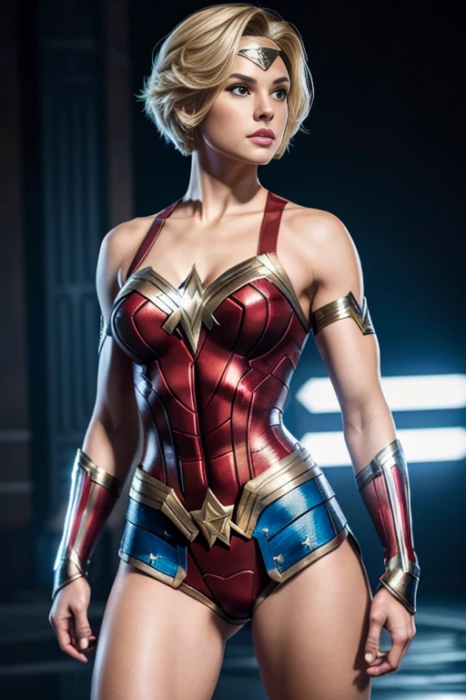 4k highly detailed realistic wonder woman from Marvel comics, blonde short undercut bob hairstyle, ((sharp Jawline)), (full body Including Legs), Seduction and fantastic poses