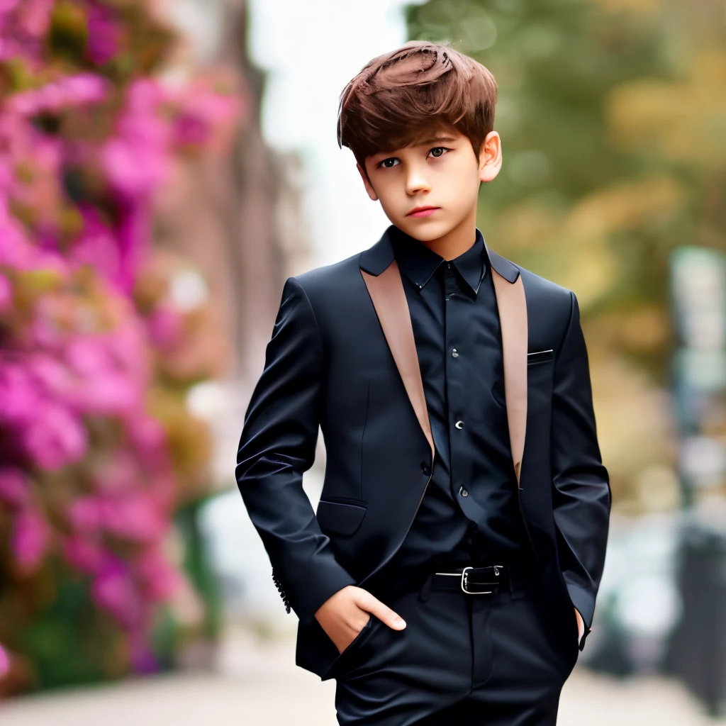 A boy with brown hair and dark eyes, wearing a black suit and black pants. --auto --s2