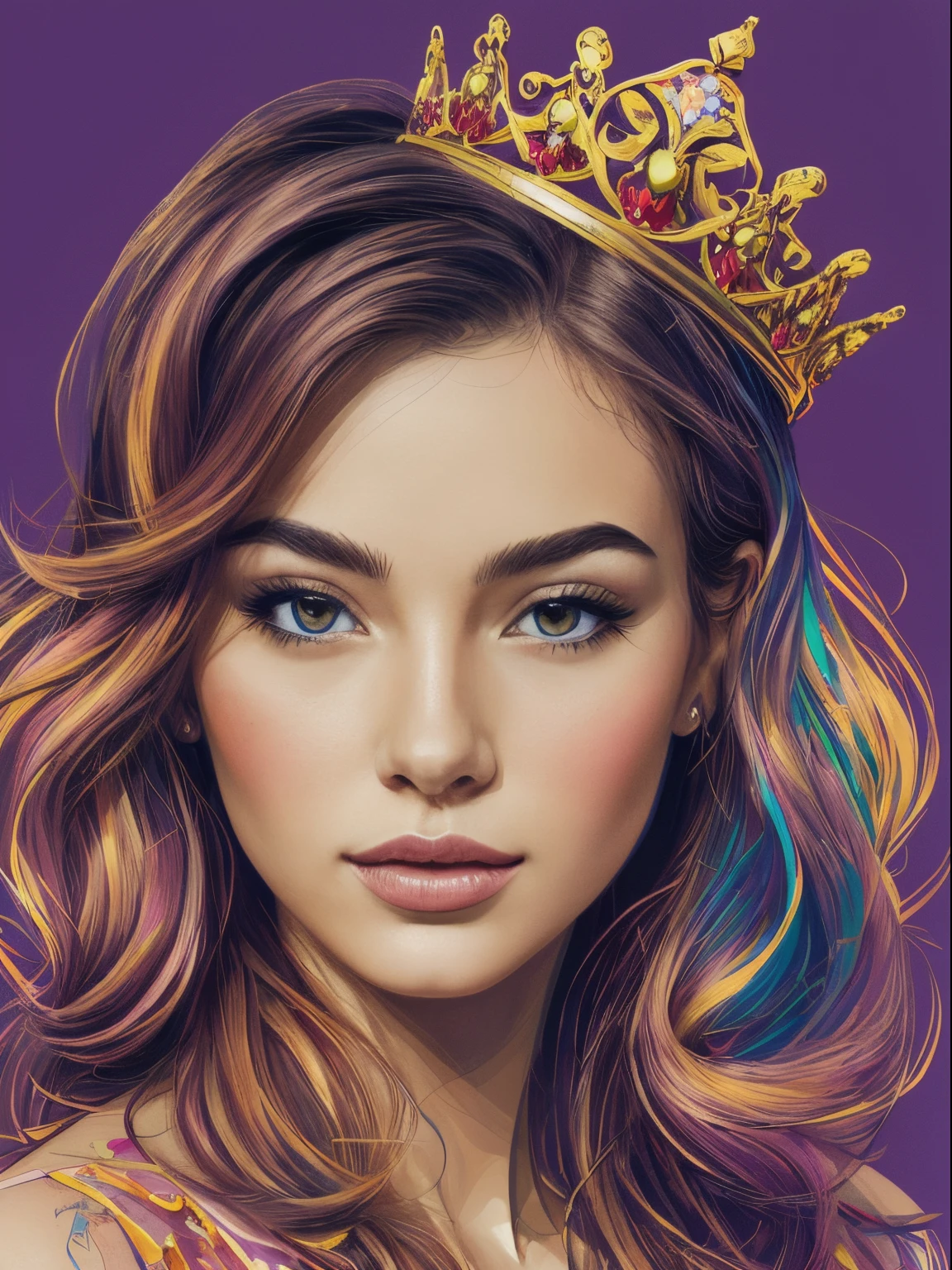 ((best quality)), ((masterpiece)), ((detailed))), beautiful, FISideRightFace, perfect face, abstract beauty, Create a digital art work in pop art style, luxury elegance bold with hint of feminine, happy & youthful, authentic, brave, princess wearing crown, (purple), (gold), centered, key visual, intricate, highly detailed, breathtaking beauty, precise lineart, vibrant, comprehensive cinematic, Carne Griffiths, Conrad Roset, vector art, Colorful graffiti illustration, (the most beautiful portrait in the world:1.5)