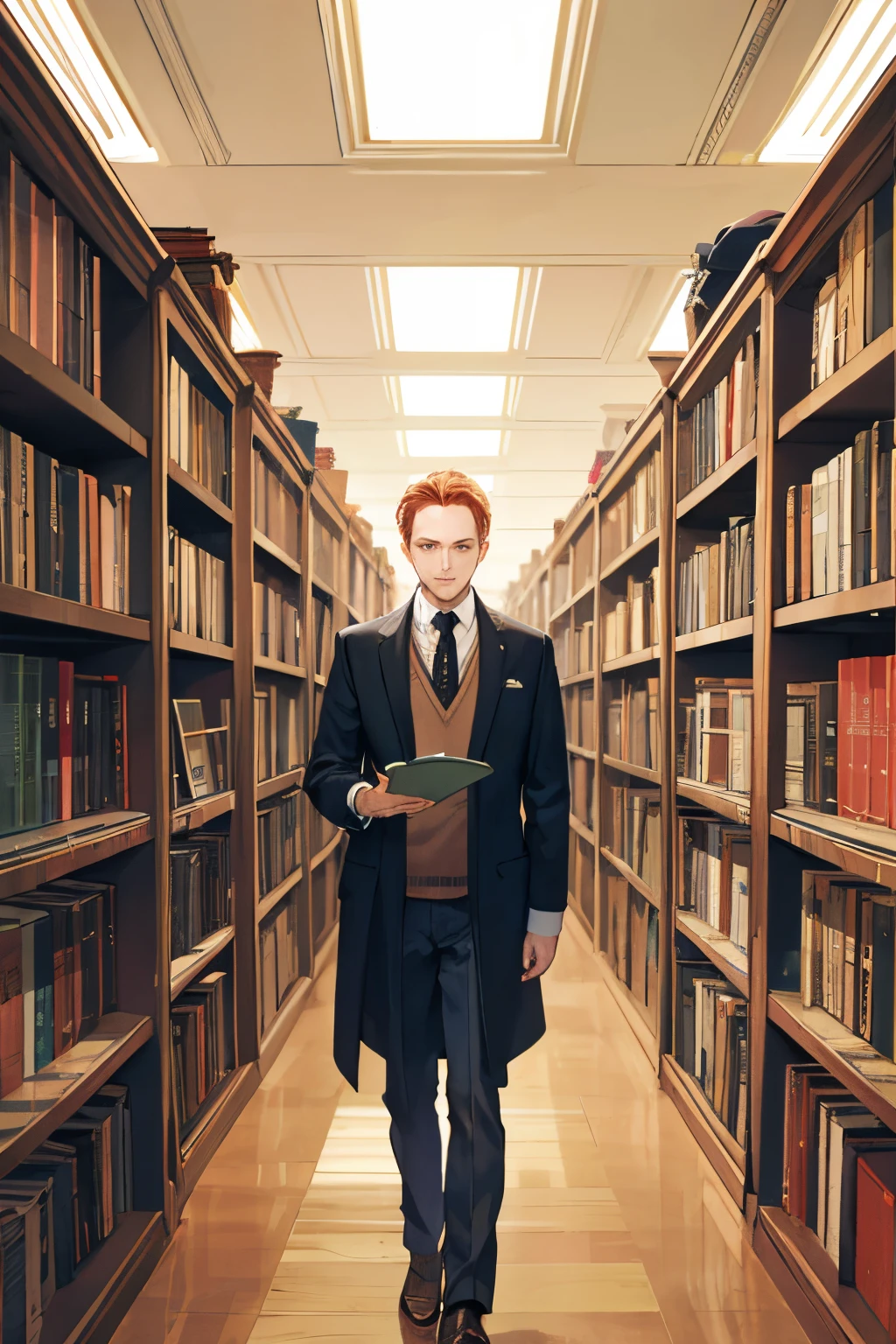 1 man,scholar,library,mid 40s,ginger,library,well dressed,tweed,archive,