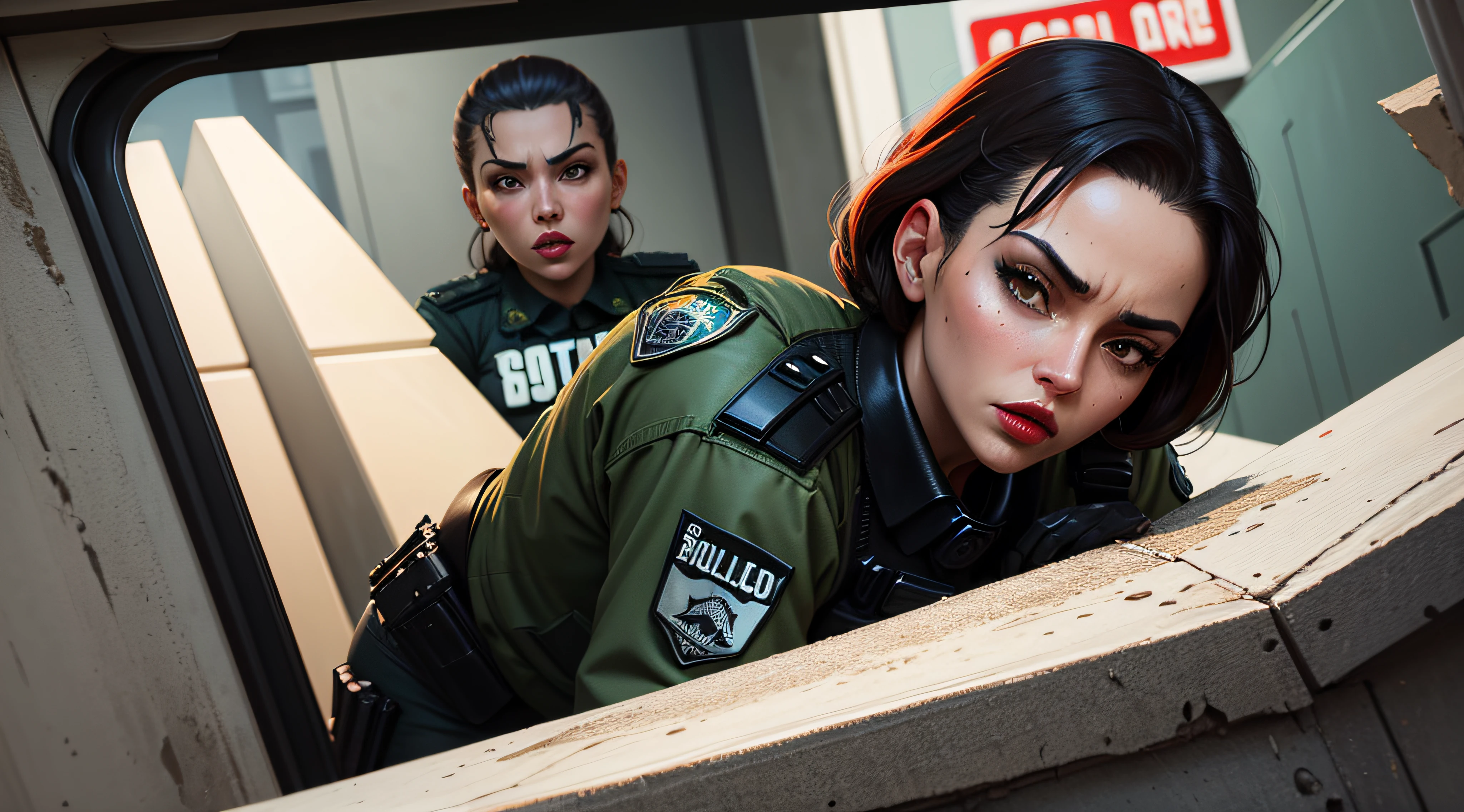 ILLUSTRATION of a female (Jesica Alba :1.1) red lips, green eyes, swat cops GTA character nest to a bank that is getting robbed , By Ray Shark