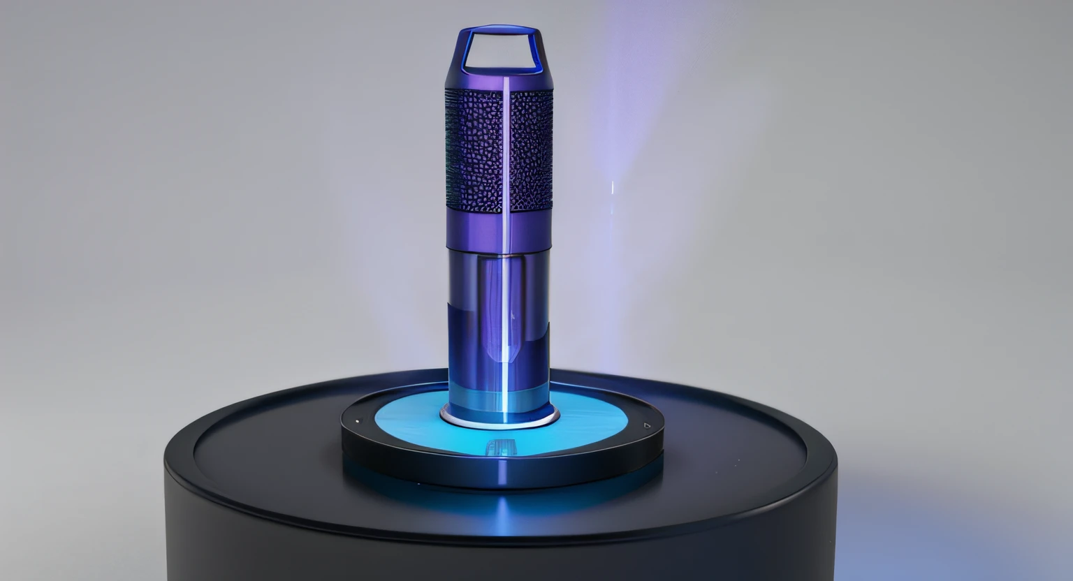There is a black table，There is a blue and purple object on it, futuristic product design, Product design renderings, 3D product rendering, light lighting side view, particle illumination, concept-art | dyson, Product design shooting, dramatic product lighting, Product renderings, 3d product, Innovative product concepts, With 3D rendering, With 3D rendering, Movie counter light electronic cigarette