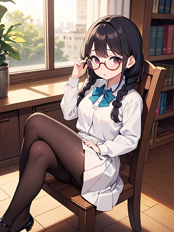 1girl, round glasses, braid sides, aroused, sitting on a wooden chair next to a marble table, schoolgirl outfit, dark transparent pantyhose, legs, shy, erotic, library (overfit style;8.0)