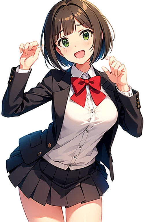 maekawa_miku, short hair, green eyes, brown hair, white shirt, collared shirt, pleated_skirt, grey skirt, red bowtie, (Best quality, 8k, 32k, Masterpiece, UHD:1.3), 1girl, (abs, slender figure, perfect body :1.2), breasts, ((Very detailed)), (Perfectly detailed face), (Highly detailed hands), smile, blush, open mouth, standing, claw pose, popped_button, large breasts, white background,