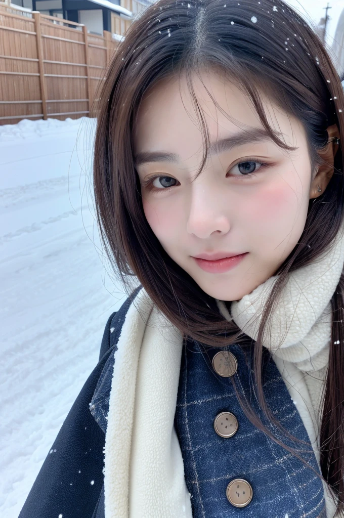 (1 cute Korean star) Shoulder-length hair, Thin makeup, Medium chest size, Wearing a coat, In the snow, Clear facial features, 8K high resolution, Sharp, realistic detail.From the outside, Eye-level shots, f/4.0, 135mm, Fujifilm, jpeg artifacts, dithering, UHD, ​masterpiece, s whole body, Upper body body, correct posture