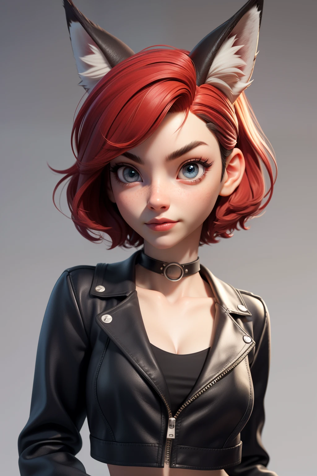 1girl, teenager, solo, (short pixie cut Hair, undercut red hair: 1.28), ((light gray eyes)), some small freckles, (dark fox ears: 1.35), pale skin, large breasts, cleavage, (thin hips, thin waist , athletic body: 1.25), simple background, looking away, (cropped open leather jacket, choker, leggings, plaid b&w sneakers: 1.11), masterpiece, best quality,3d rending work ,3DMM style, close-up, portrait, 3D,