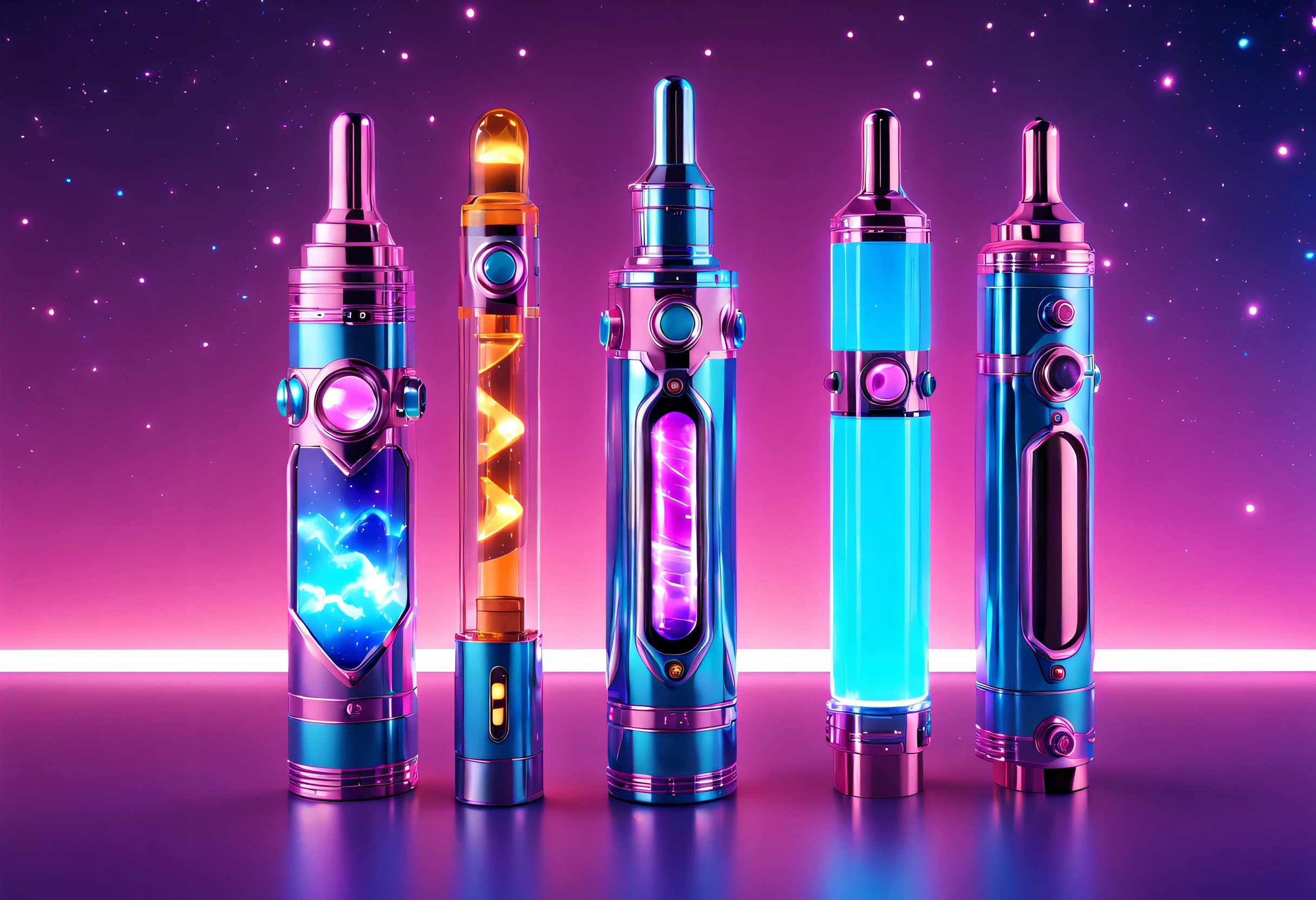 6 shiny cylindrical e-cigarettes,There are stars on it, Rachel MacLean style, light purple and amber, chrome plating, Future science fiction aesthetic style, Light sky blue and light purple, clear colors, kawaii aesthetic, deep pink and blue, chromepunk, Unreal Engine5, Tanya Shatseva, Freeze motion, Glowing 3D object style, light sky blue and light magenta, clear edge definition, Gothic Futurism, kawaii aesthetic, Giant screen, precious stones, futuristic sneakers, Heavy Metal Carnival Electronic Cigarette, Metal cylinder electronic cigarette, vape, purpleish color、pink and blue neon, cyber universe style, purple and blue neon, E-cigarette design, Minimalist Vaporwave, vaporwave lights, purple and blue neon, a hologram, holography space