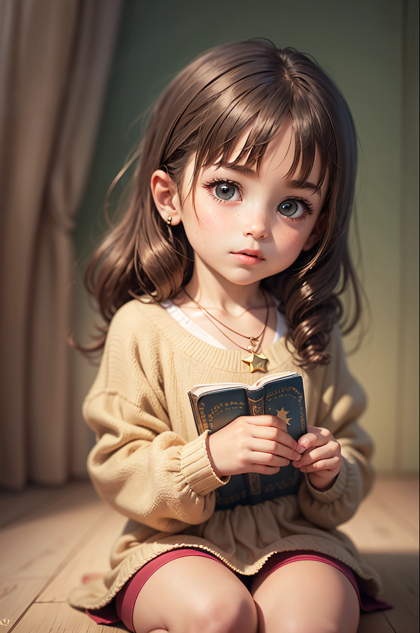 girl holding a shiny star-shaped necklace, childrens book illustration --auto --s2