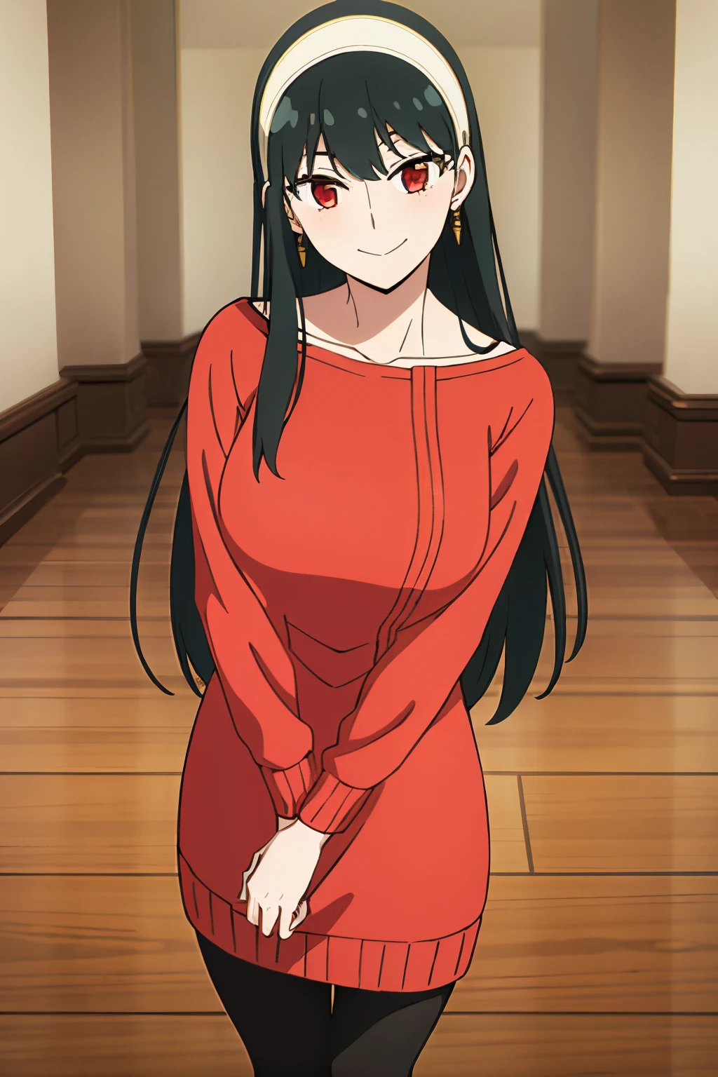 pov(from above),(masterpiece, best quality: 1.2), cowboy photo, alone, 1 girl, alone, your heather, smile, mouth closed, looking at viewer, long black hair, headband, red eyes, shoulders uncovered, red sweater dress, black pantyhose, earrings, white heels, big breasts, medium waist, medium hips, wide thighs, embarrassed, seductive, smiling with her mouth closed, good hands, good anatomy,