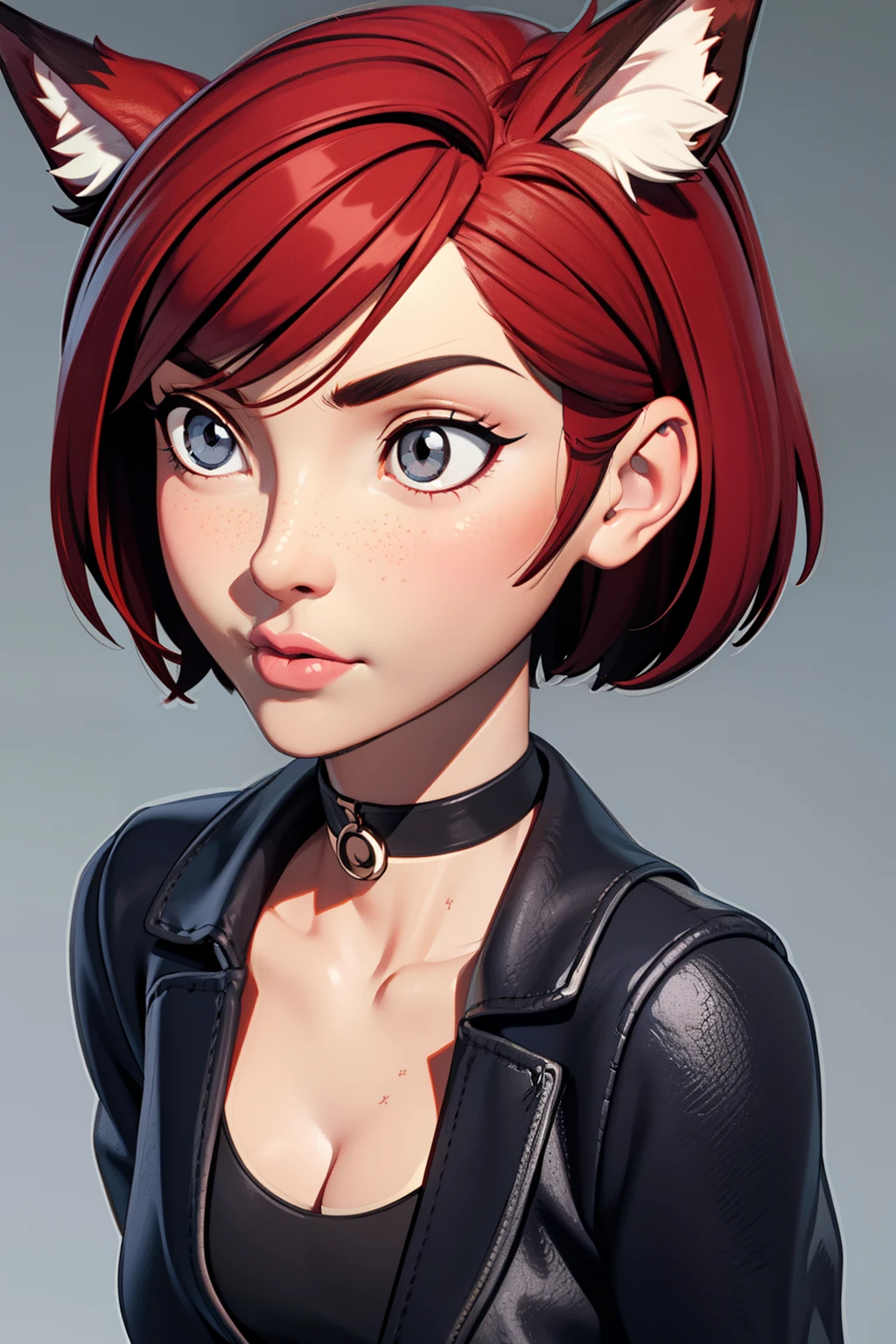 1girl, teenager, solo, (short pixie cut Hair, undercut red hair: 1.28), ((light gray eyes)), some small freckles, (dark fox ears: 1.35), pale skin, large breasts, cleavage, (thin hips, thin waist , athletic body: 1.25), simple background, looking away, (cropped open leather jacket, choker, leggings, plaid b&w sneakers: 1.11), masterpiece, best quality,3d rending work ,3DMM style, close-up, portrait, 3D,