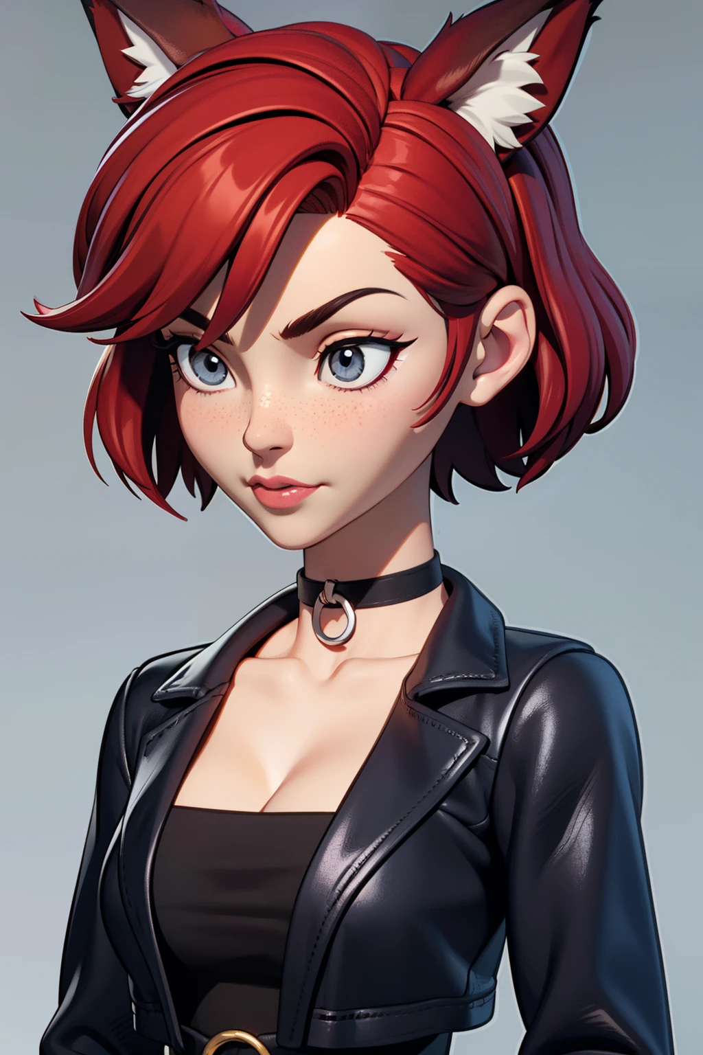 1girl, teenager, solo, (short pixie cut Hair, undercut red hair: 1.28), ((light gray eyes)), some small freckles, (dark fox ears: 1.35), pale skin, large breasts, cleavage, (thin hips, thin waist , athletic body: 1.25), simple background, looking away, (cropped open leather jacket, choker, leggings, plaid b&w sneakers: 1.11), masterpiece, best quality,3d rending work ,3DMM style, close-up, portrait, 3D,