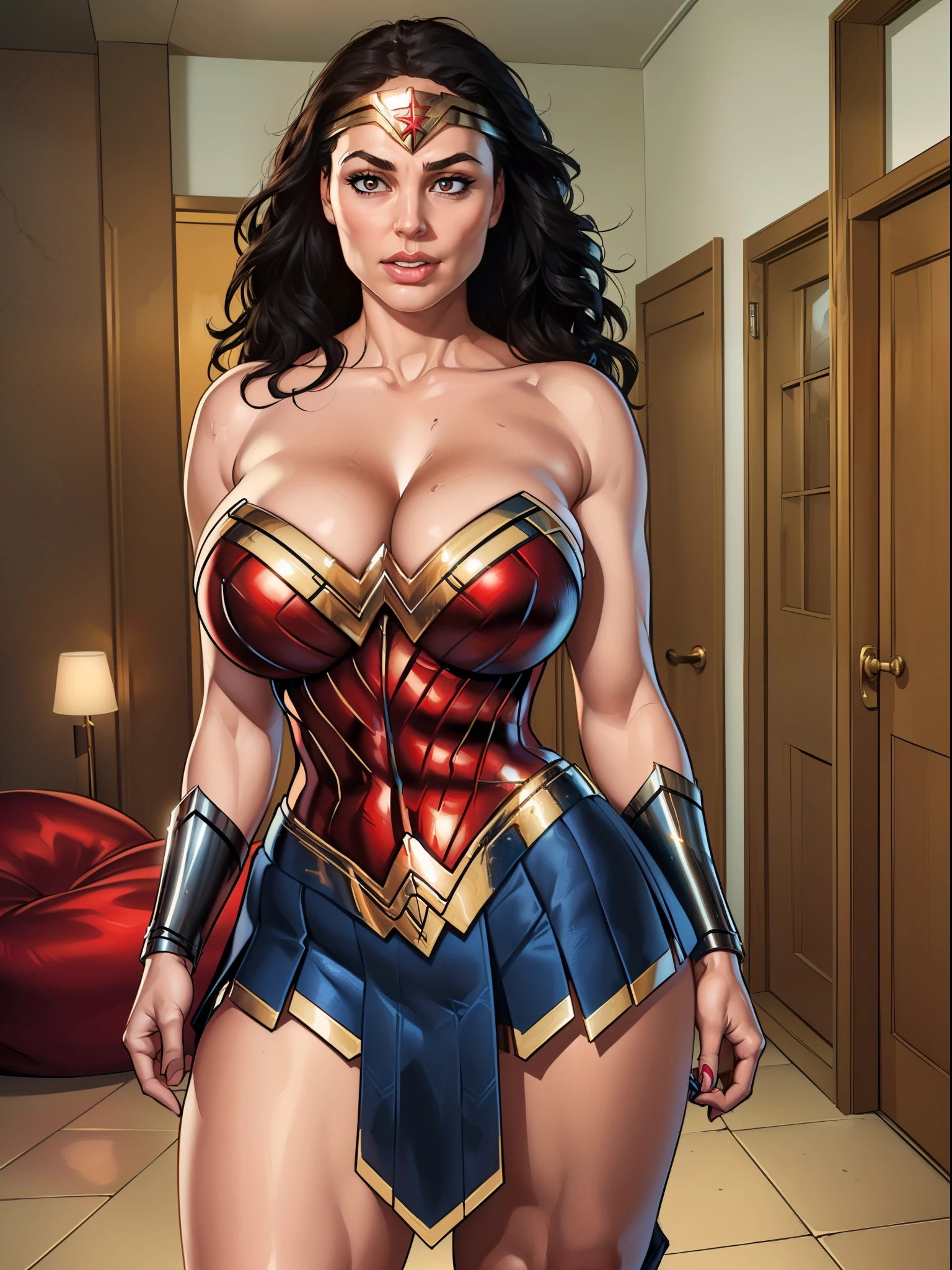 (((wonder woman standing confidently in boys bedroom, spacious modern boys bedroom with clothes on floor and door open showing hallway, tv and xbox on table behind her, bean bag chair))), short metal skirt, red bustier tucked in, cleavage overflowing, high heel boots:1.2, golden lasso whip attached to hip, skinny elegant arms, thick long legs, 1girl:1.3, milf, juicy ass, fully clothed, modest, sfw, beautiful milf, 36 years old, high wide cheekbones, gal gadot face:1, a beautiful jewish woman, brown hair, rare, unique image, trending))), ((tall woman)), ((((absurdly massive breasts that are overflowing from red bustier, skin dentation, cleavage is overflowing)))), EE-cup breasts, gal gadot with 20x larger beasts:1.4, massive plump lips:1, wide lips, ((muted colors)), (((masterpiece:1.3, 4k, 8k, hd, skin texture:1.3, detailed face and eyes:1.4, big detailed lips, bright light, professional, ultra realistic:1.3, rare, unique image, trending))), huge lips:1.4, wide lips, (((muted colors, high skin texture, film grain:1.3))), #character #superhero #dc #dc comics #wonder woman